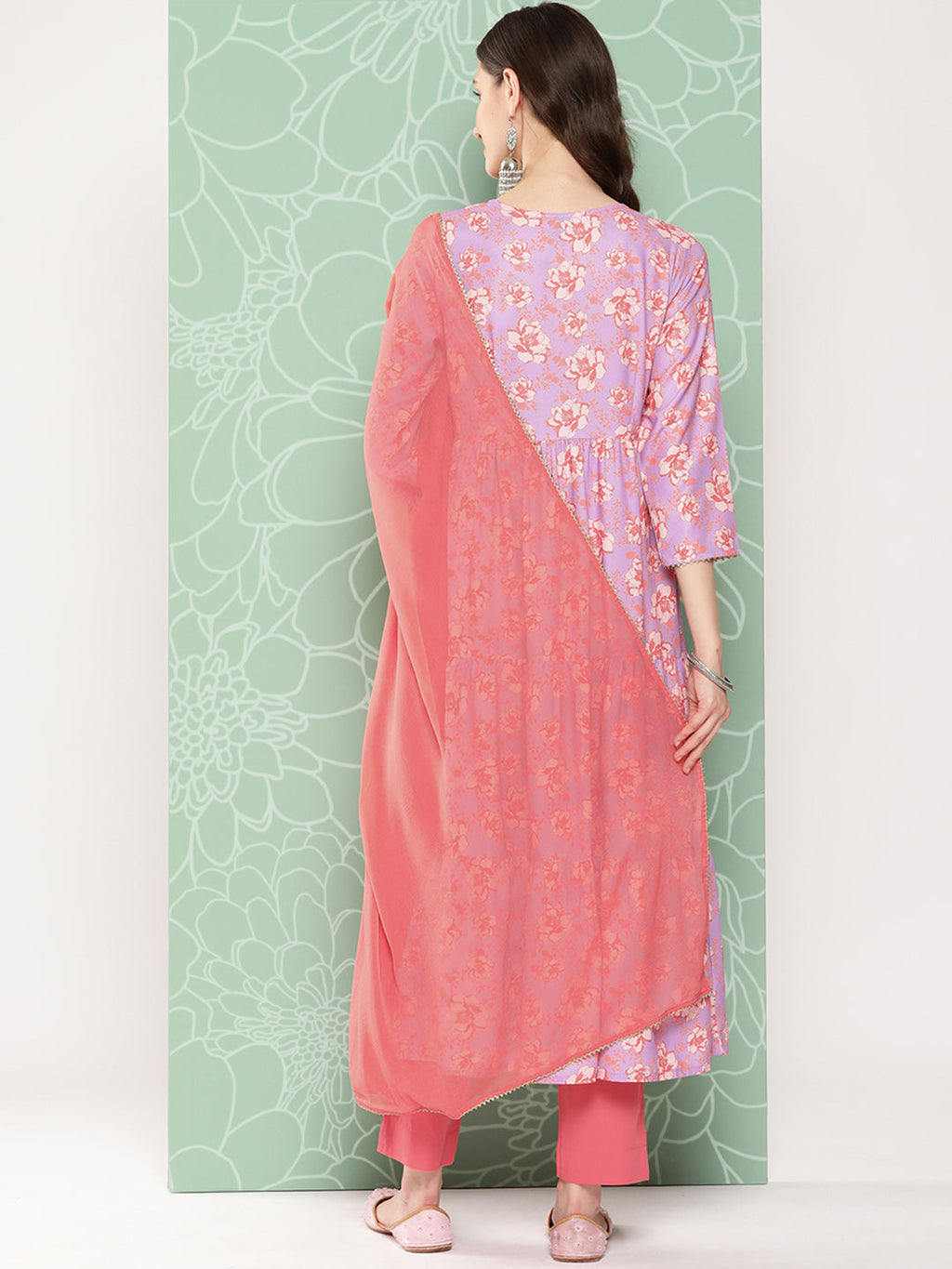 Janasya Women's Lavender Moss Digital Floral Printed Tiered Festive Kurta Set