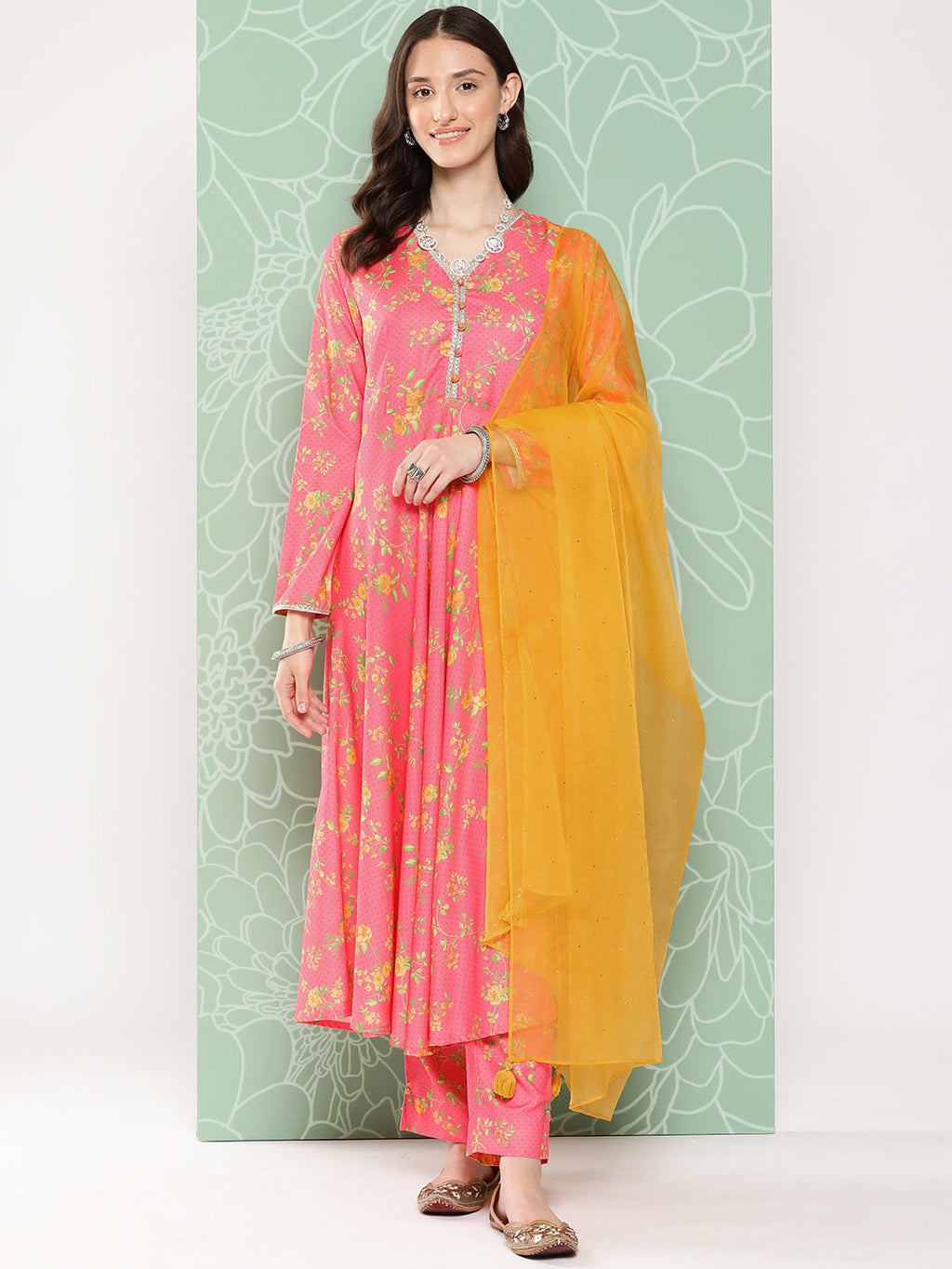 Janasya Women's Pink Moss Digital Floral Printed Panelled Festive Kurta Set