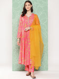 Janasya Women's Pink Moss Digital Floral Printed Panelled Festive Kurta Set