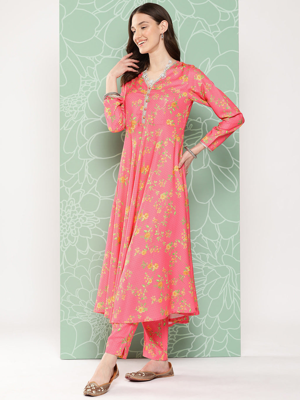 Janasya Women's Pink Moss Digital Floral Printed Panelled Festive Kurta Set