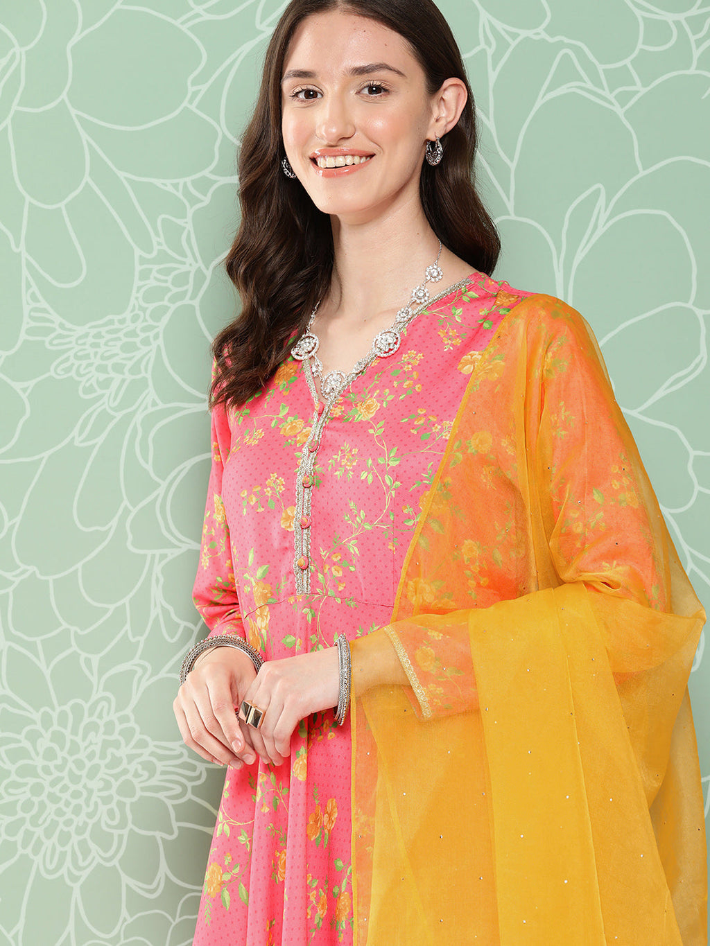 Janasya Women's Pink Moss Digital Floral Printed Panelled Festive Kurta Set