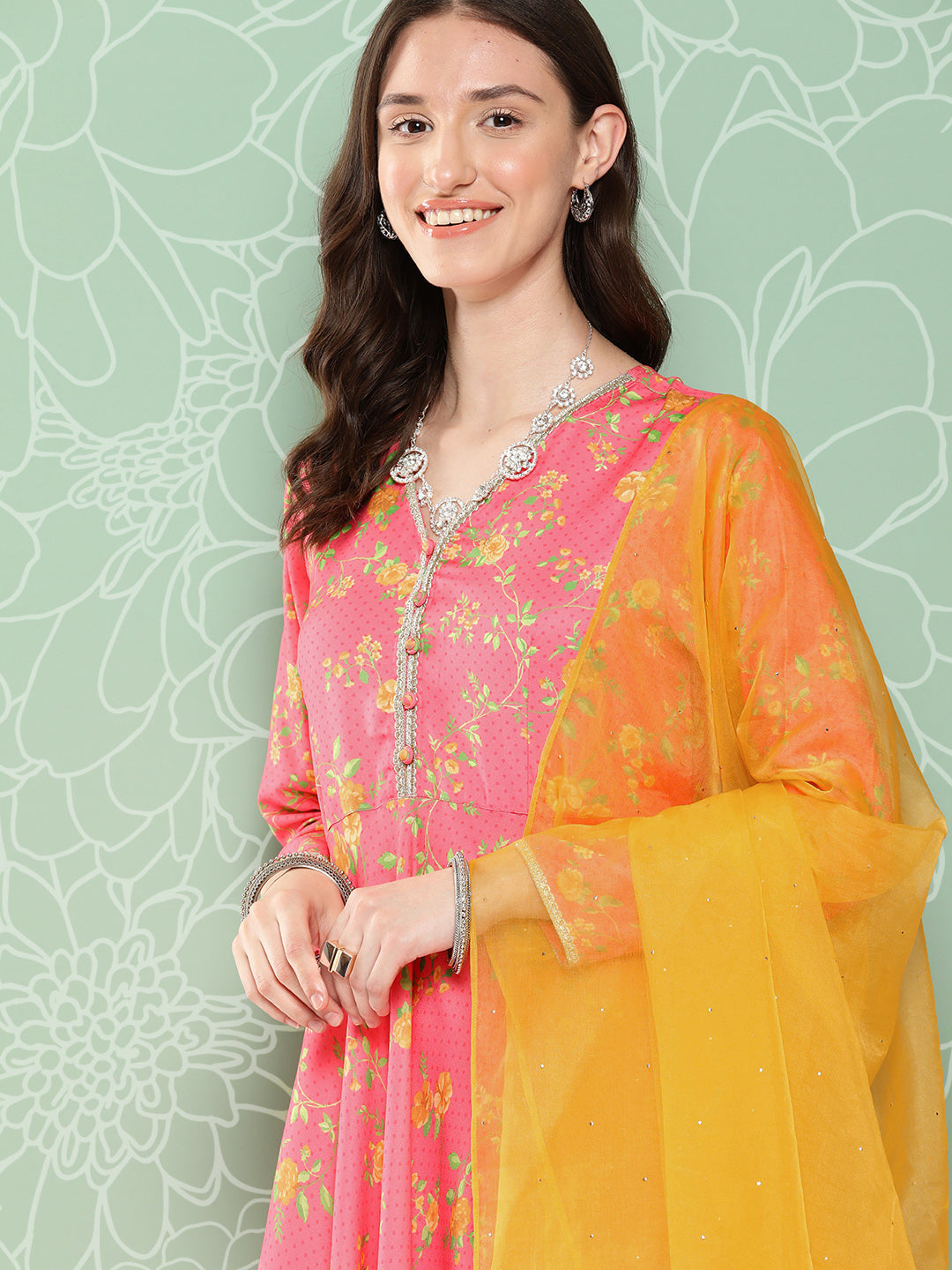 Janasya Women's Pink Moss Digital Floral Printed Panelled Festive Kurta Set