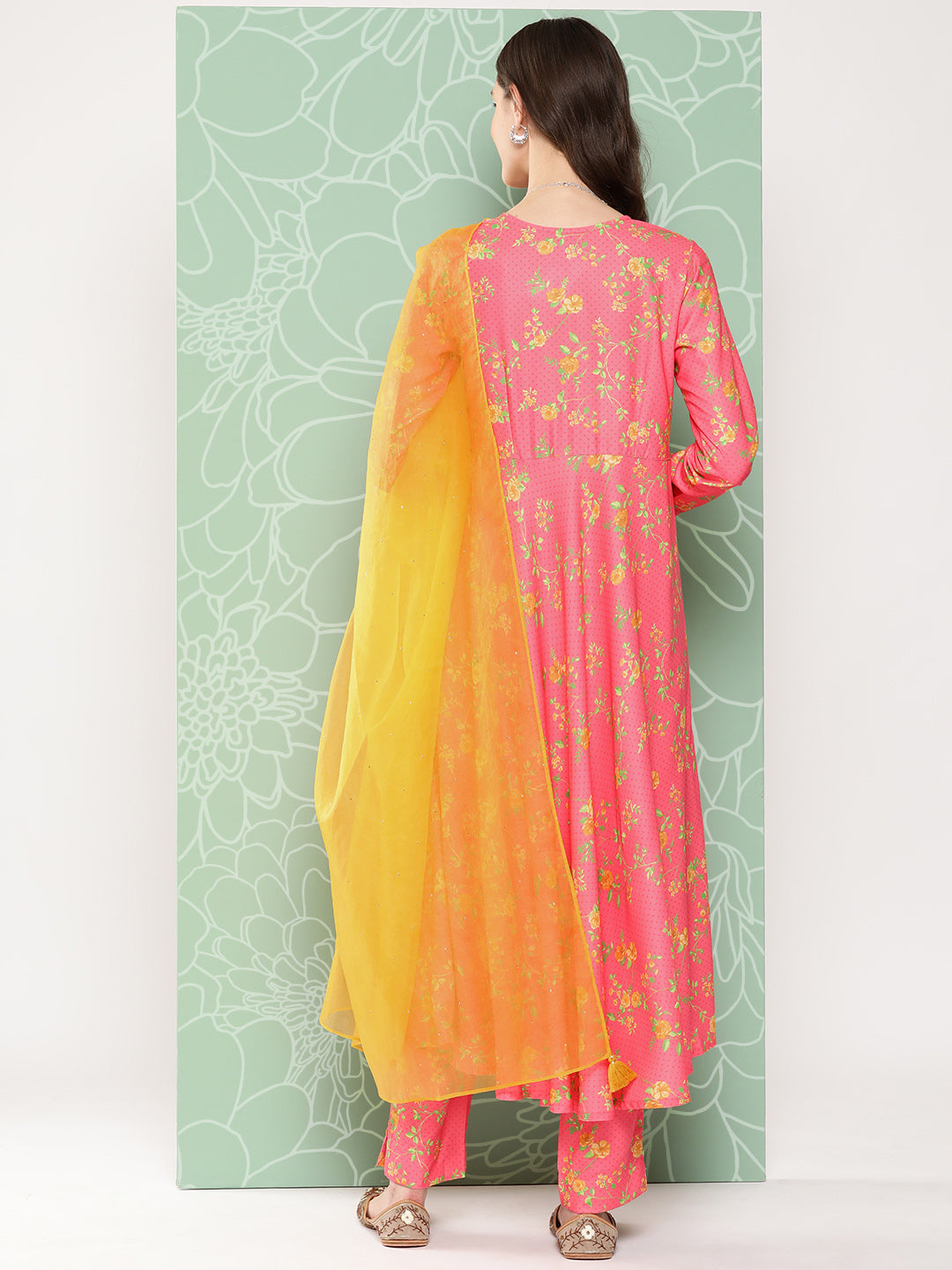 Janasya Women's Pink Moss Digital Floral Printed Panelled Festive Kurta Set