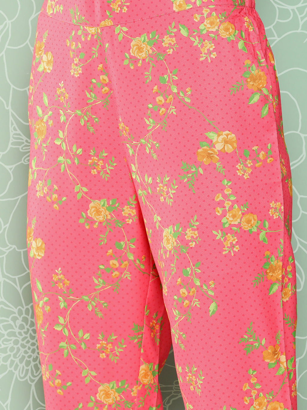 Janasya Women's Pink Moss Digital Floral Printed Panelled Festive Kurta Set