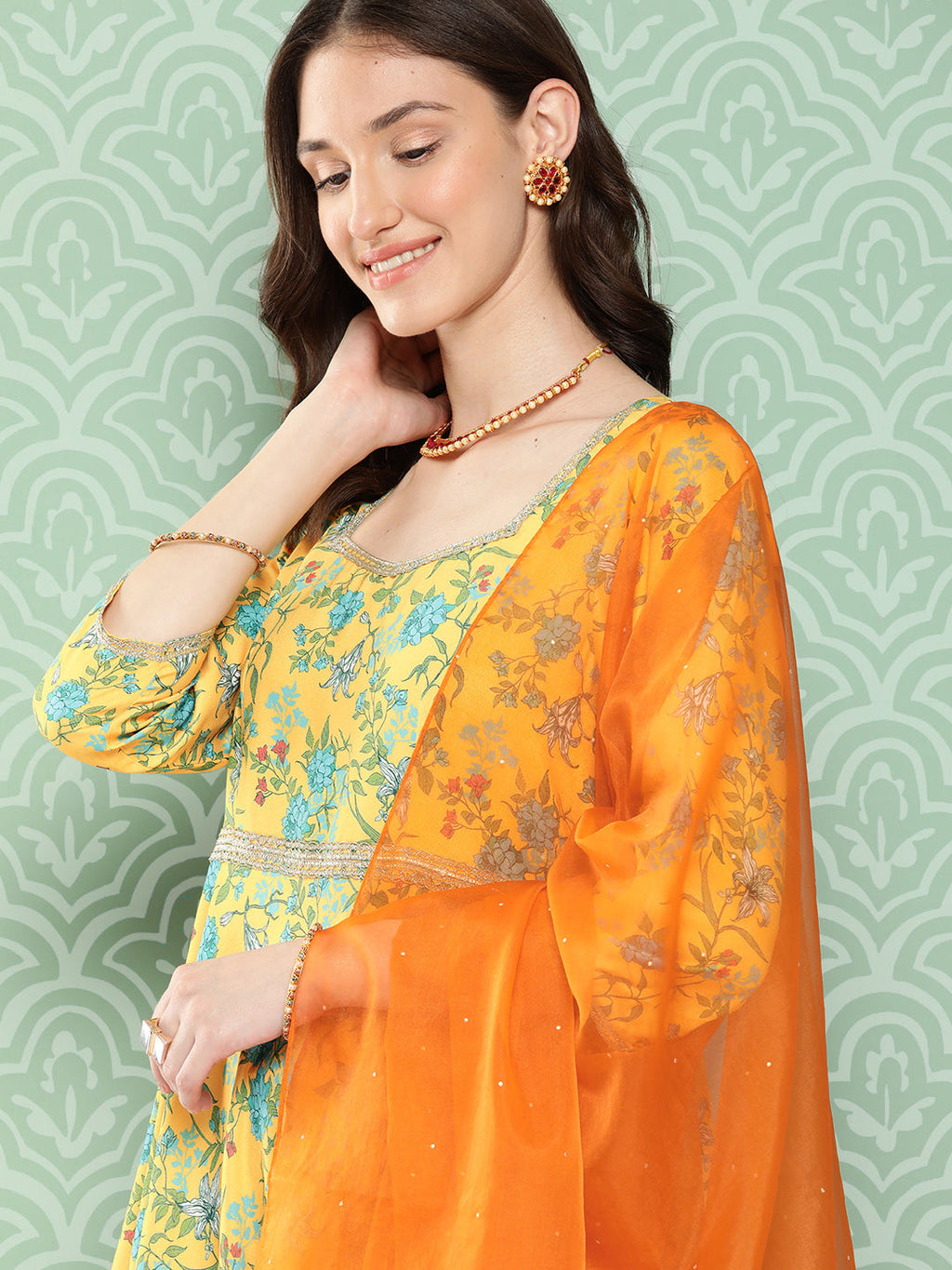 Janasya Women's Yellow Moss Digital Floral Printed Flared Festive Kurta Set