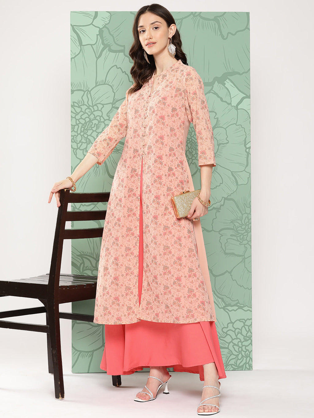 Janasya Women's Peach Georgette Digital Floral Printed Front Slit Festive Kurta Set