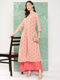 Janasya Women's Peach Georgette Digital Floral Printed Front Slit Festive Kurta Set