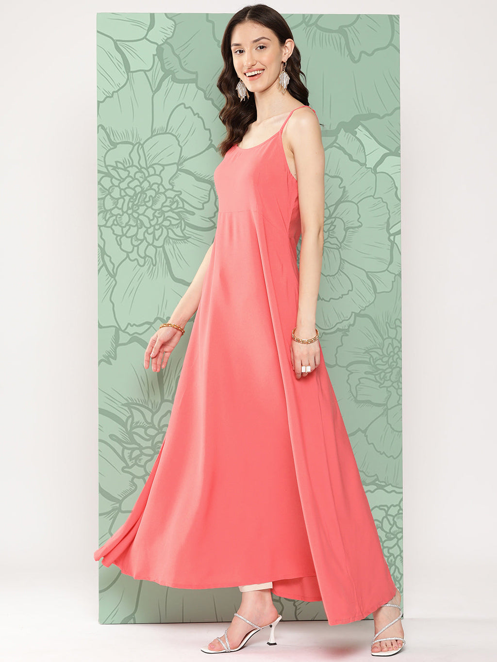 Janasya Women's Peach Georgette Digital Floral Printed Front Slit Festive Kurta Set