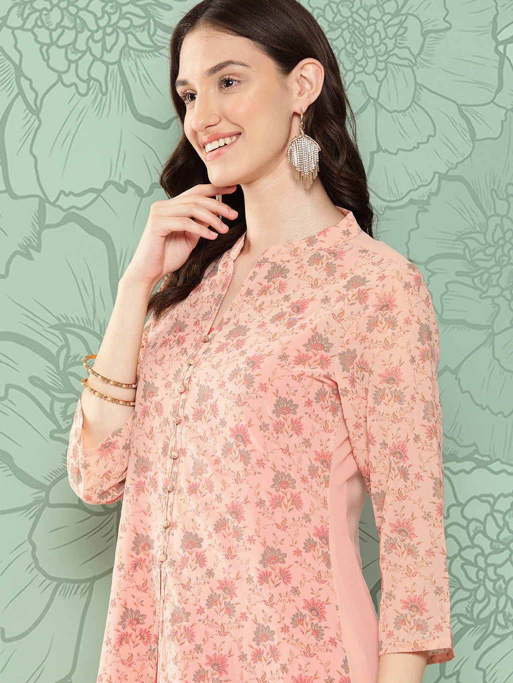 Janasya Women's Peach Georgette Digital Floral Printed Front Slit Festive Kurta Set