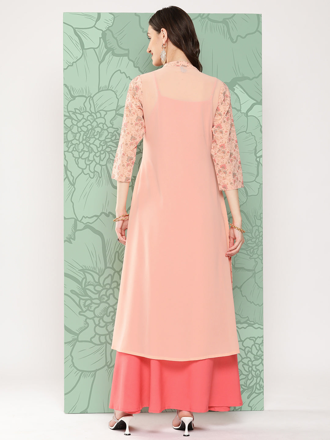 Janasya Women's Peach Georgette Digital Floral Printed Front Slit Festive Kurta Set