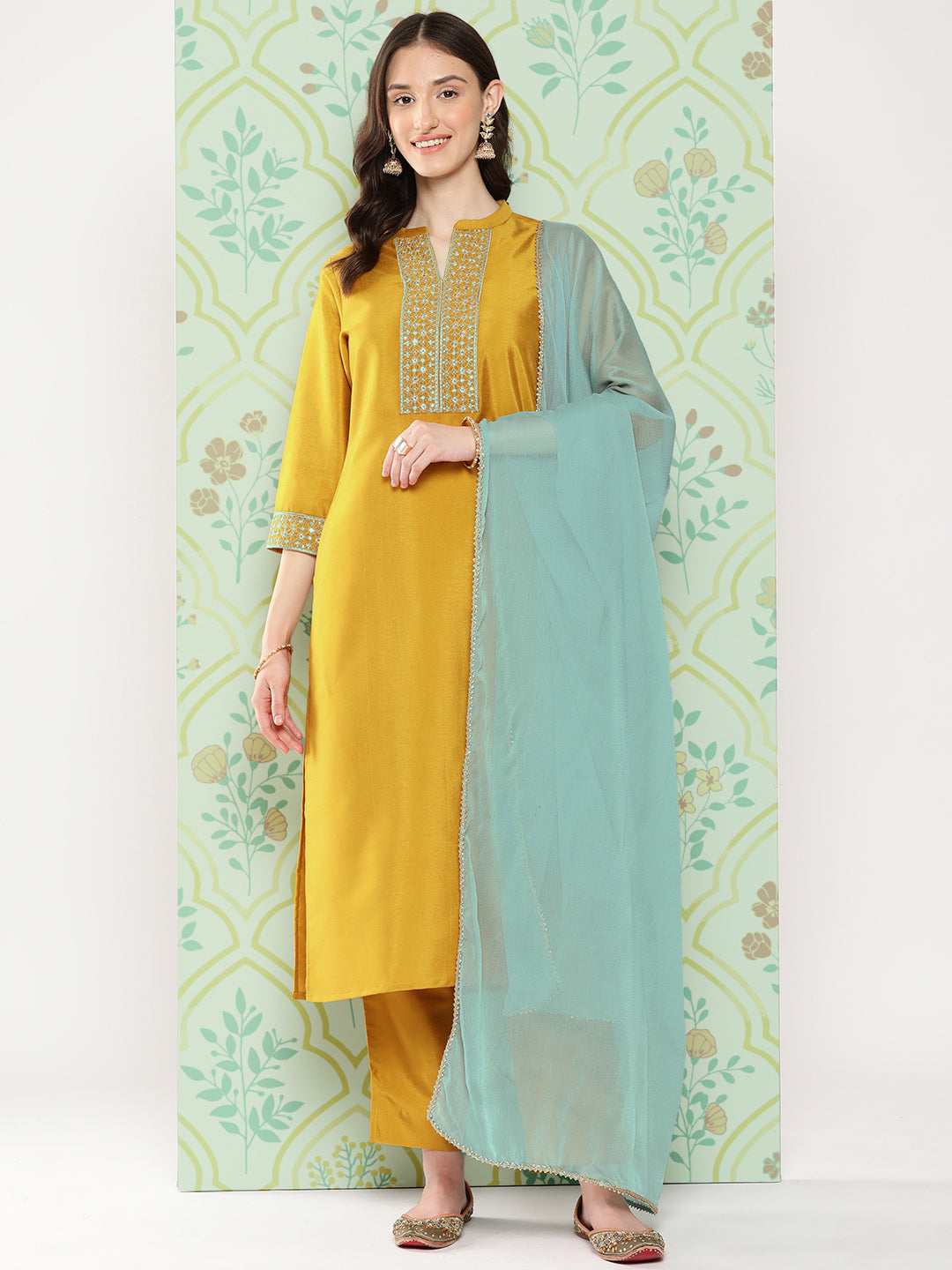 Janasya Women's Mustard Crepe Silk Solid Straight Festive Kurta Set