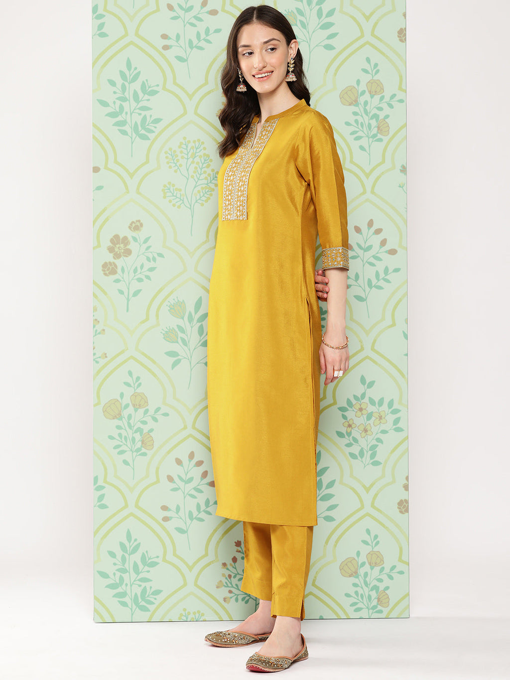 Janasya Women's Mustard Crepe Silk Solid Straight Festive Kurta Set