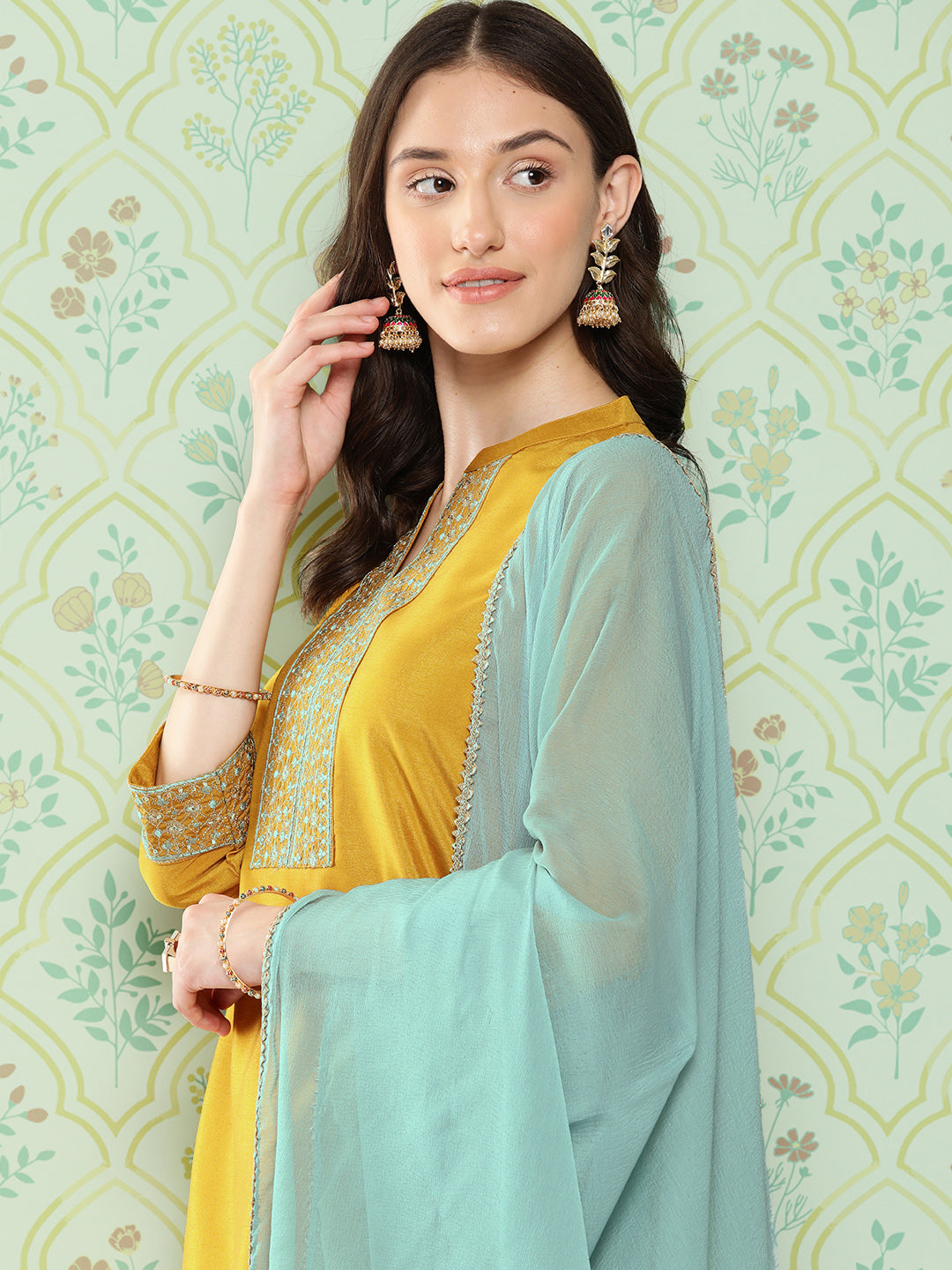 Janasya Women's Mustard Crepe Silk Solid Straight Festive Kurta Set