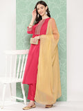 Janasya Women's Pink Crepe Silk Solid Straight Festive Kurta Set