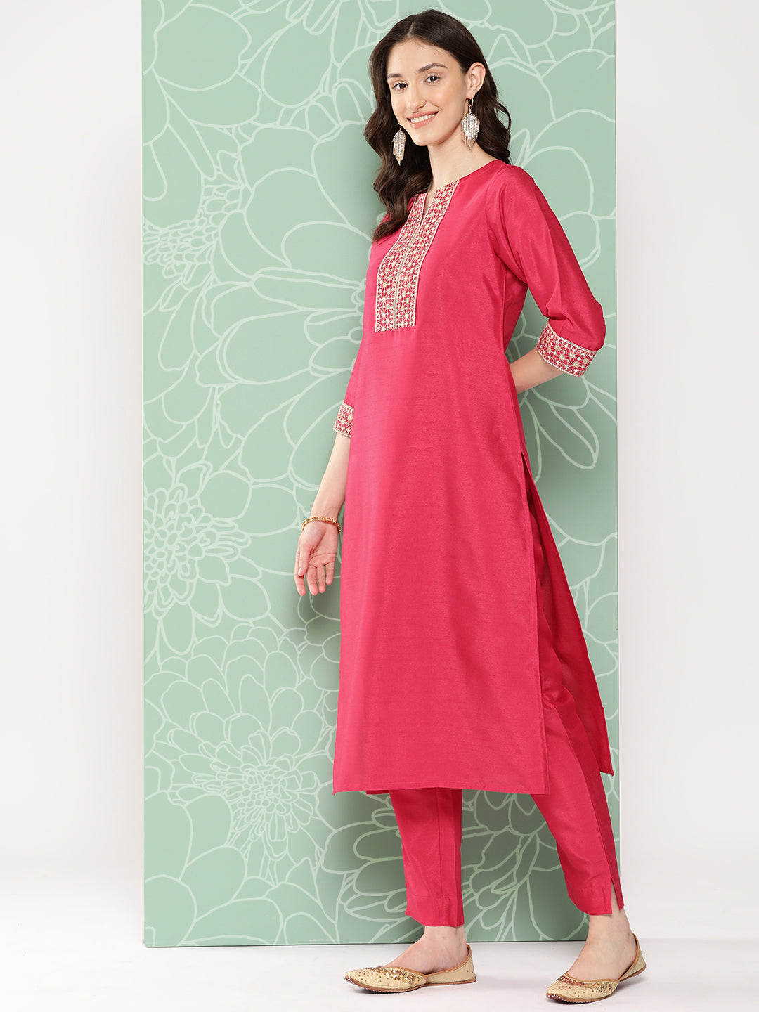 Janasya Women's Pink Crepe Silk Solid Straight Festive Kurta Set