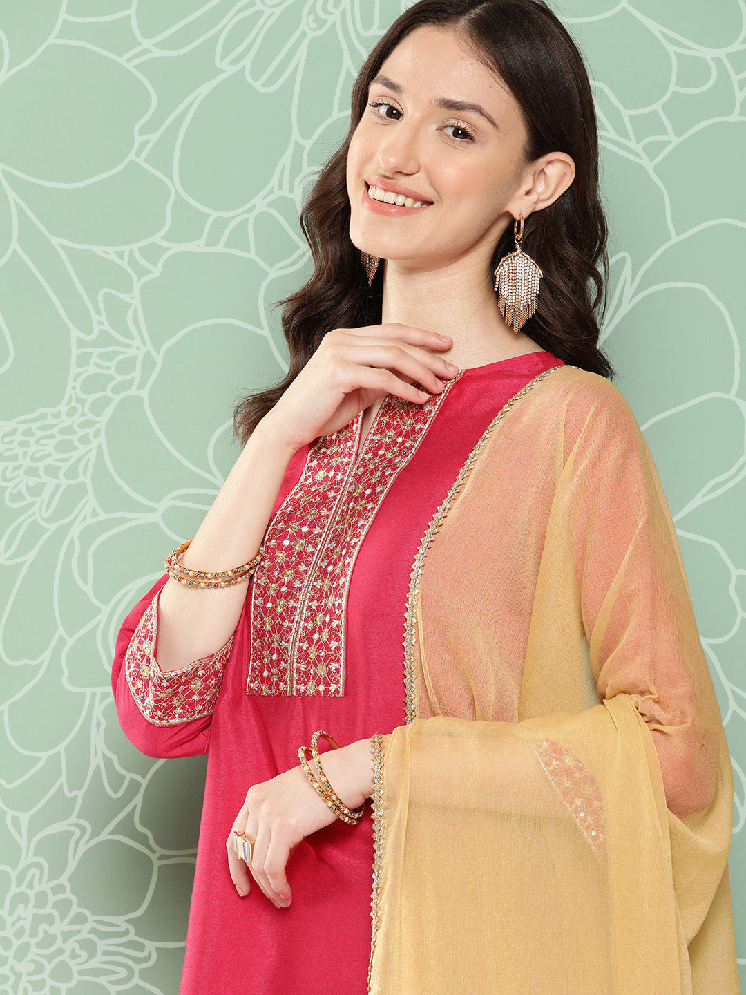 Janasya Women's Pink Crepe Silk Solid Straight Festive Kurta Set