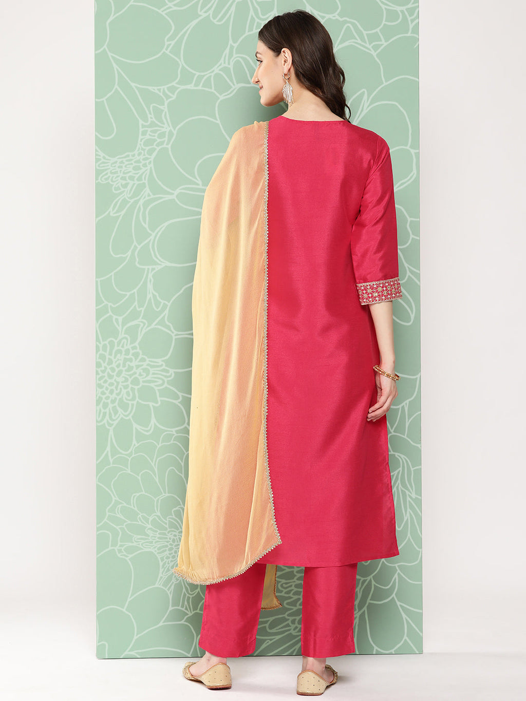 Janasya Women's Pink Crepe Silk Solid Straight Festive Kurta Set