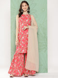 Janasya Women's Pink Moss Digital Floral Printed Straight Festive Kurta Set