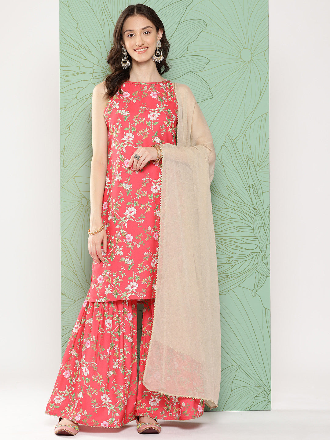 Janasya Women's Pink Moss Digital Floral Printed Straight Festive Kurta Set