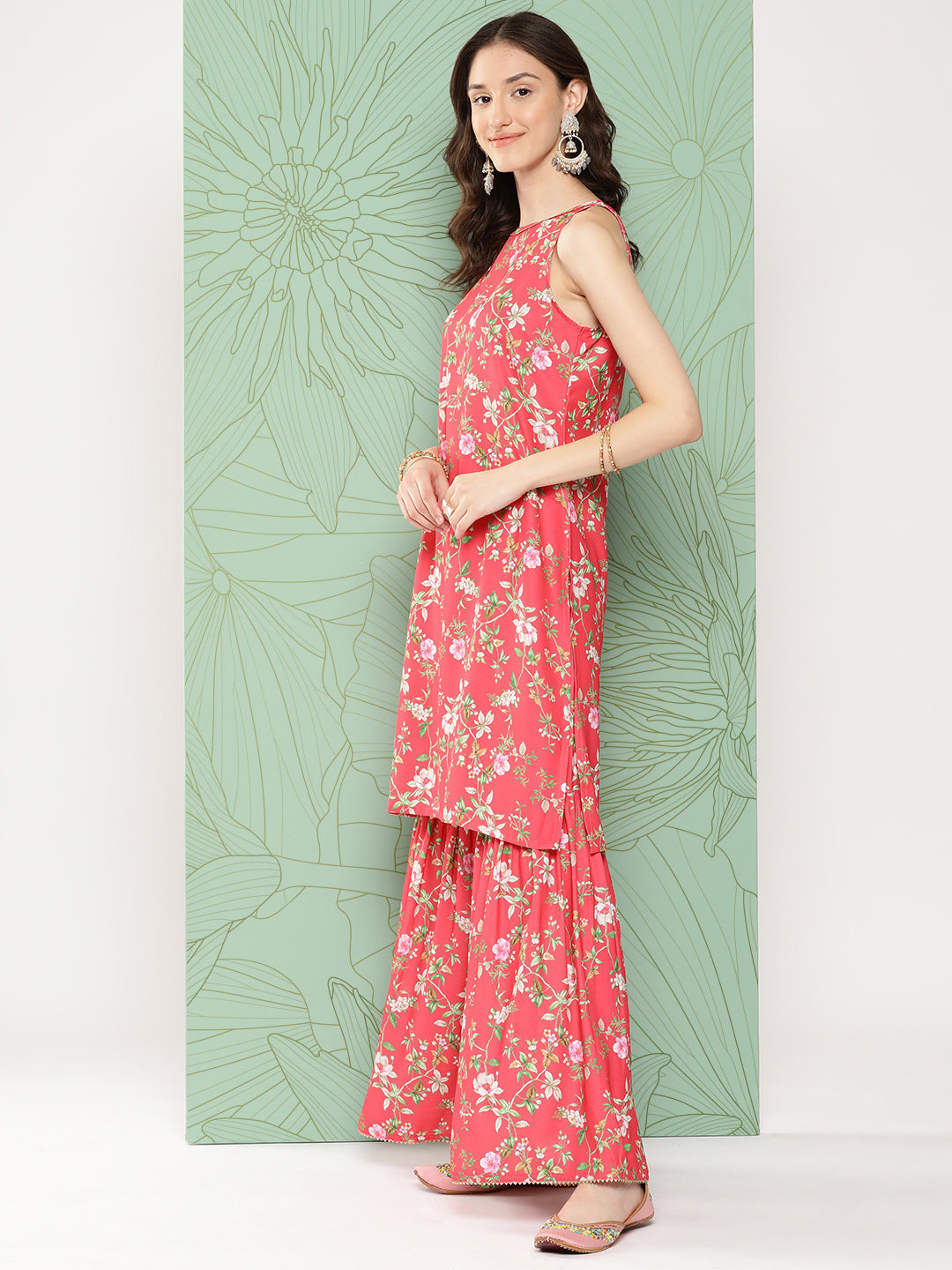 Janasya Women's Pink Moss Digital Floral Printed Straight Festive Kurta Set
