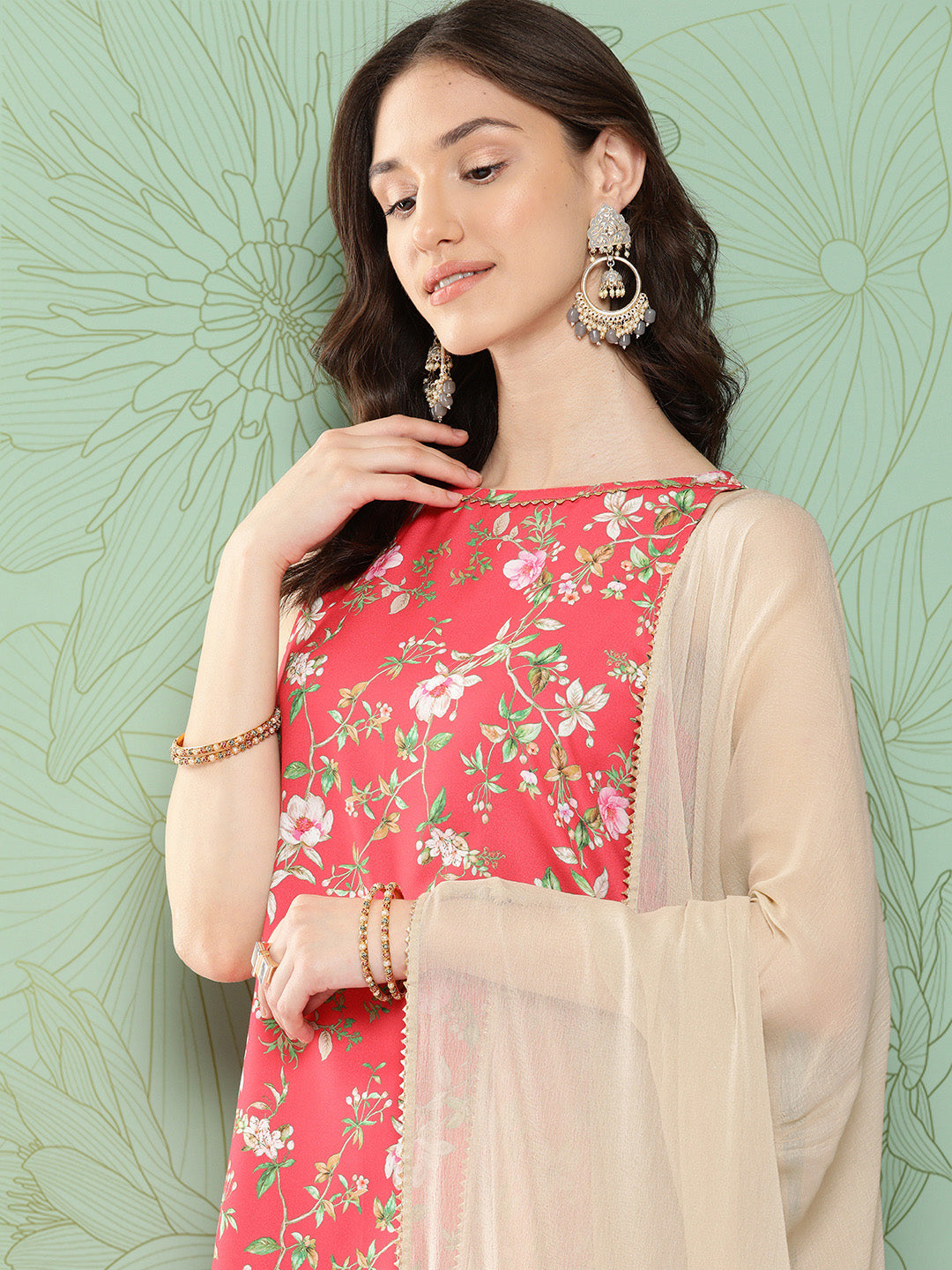 Janasya Women's Pink Moss Digital Floral Printed Straight Festive Kurta Set