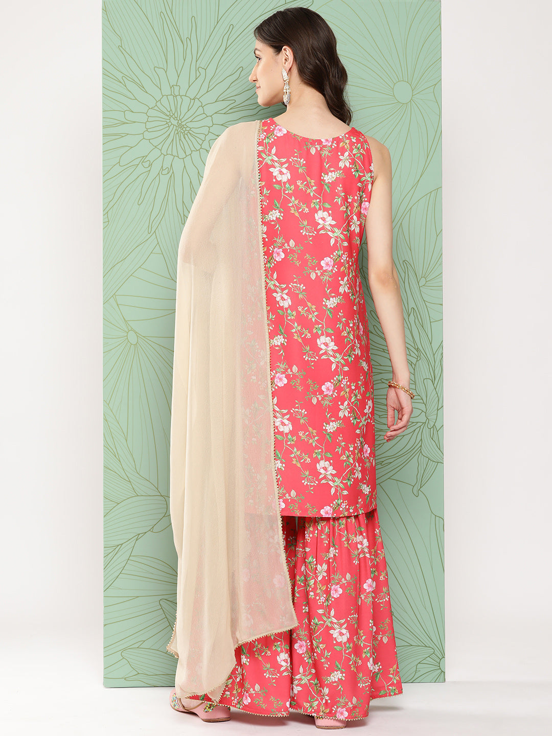 Janasya Women's Pink Moss Digital Floral Printed Straight Festive Kurta Set
