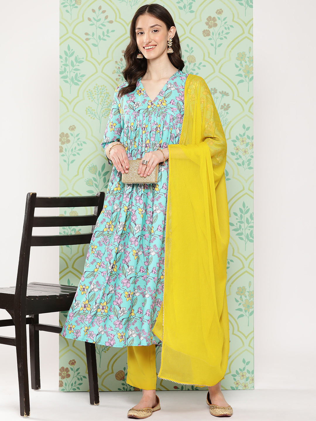 Janasya Women's Sky Blue Moss Floral Digital Printed Flared Festive Kurta Set