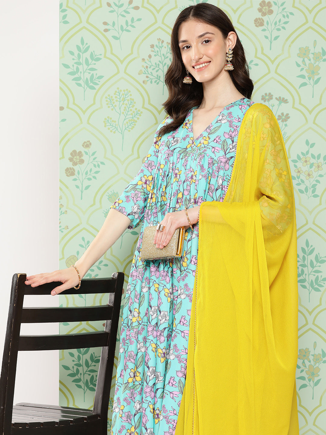 Janasya Women's Sky Blue Moss Floral Digital Printed Flared Festive Kurta Set