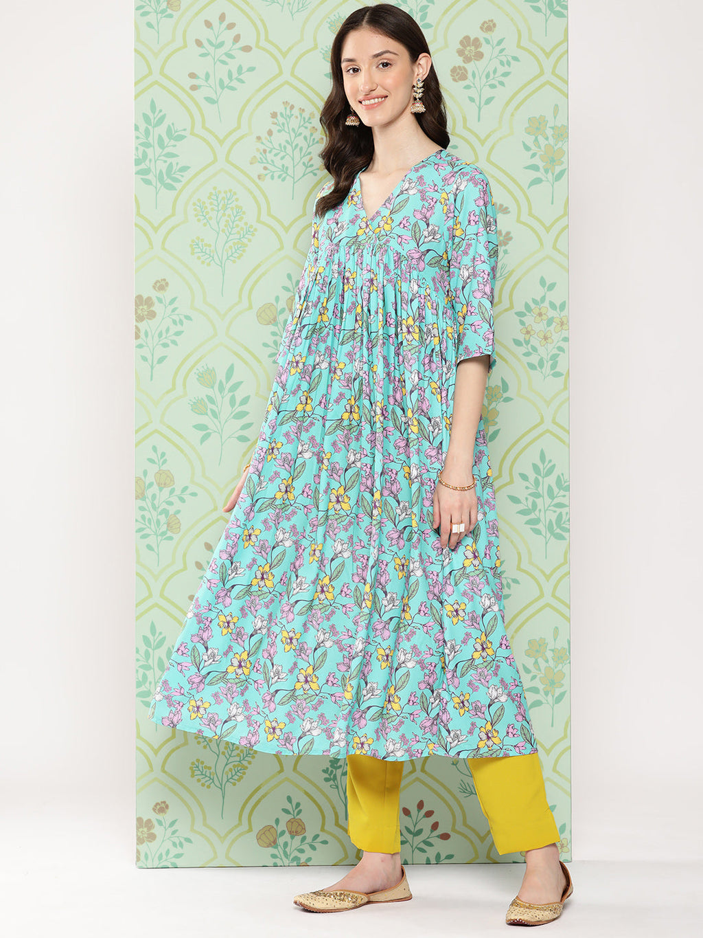 Janasya Women's Sky Blue Moss Floral Digital Printed Flared Festive Kurta Set