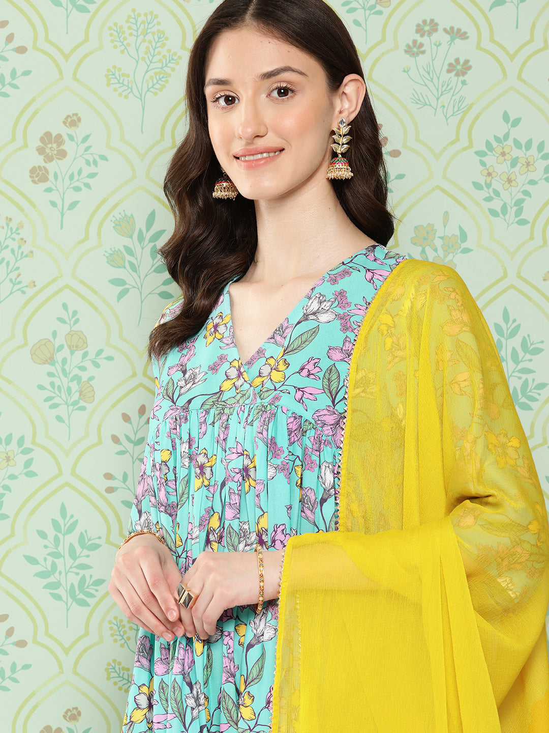 Janasya Women's Sky Blue Moss Floral Digital Printed Flared Festive Kurta Set