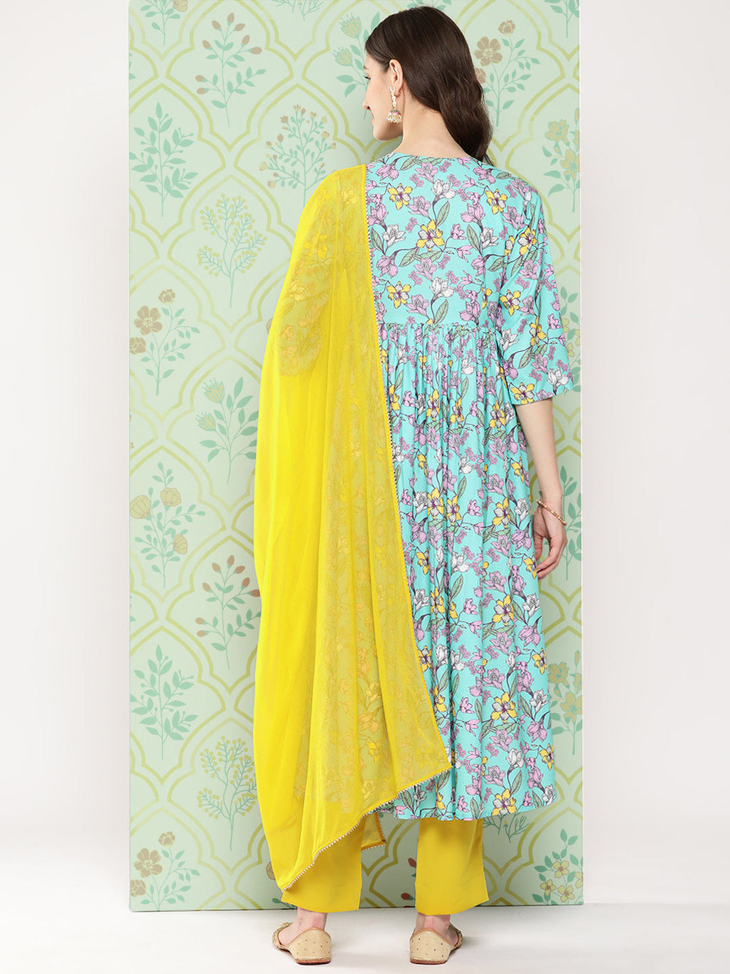 Janasya Women's Sky Blue Moss Floral Digital Printed Flared Festive Kurta Set