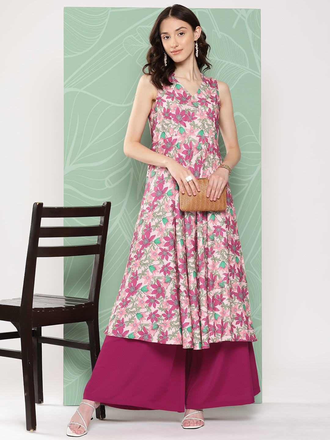Janasya Women's Multicolor Moss Digital Floral Printed Flared Festive Kurta Set
