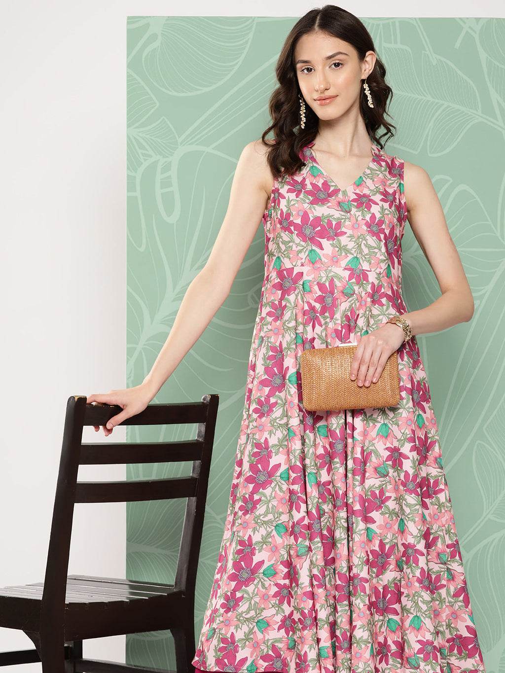 Janasya Women's Multicolor Moss Digital Floral Printed Flared Festive Kurta Set