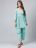 Janasya Women's Aqua Green Cotton Floral Ethinc Motif Printed Flared Casual Short Kurta Set