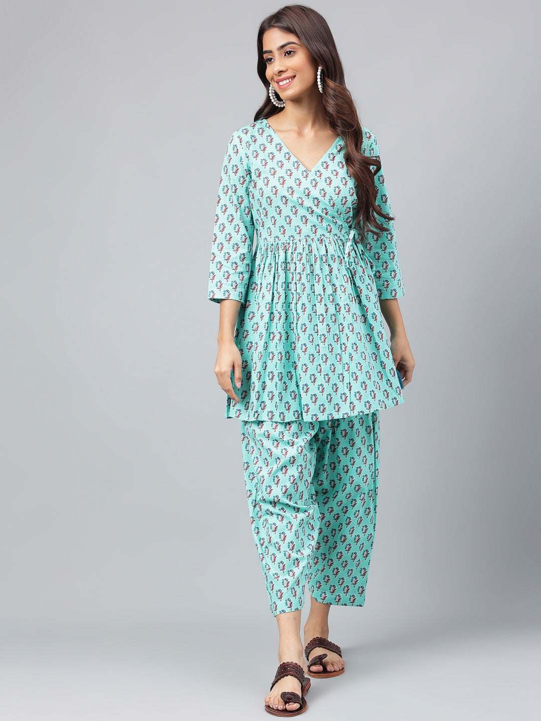 Janasya Women's Aqua Green Cotton Floral Ethinc Motif Printed Flared Casual Short Kurta Set