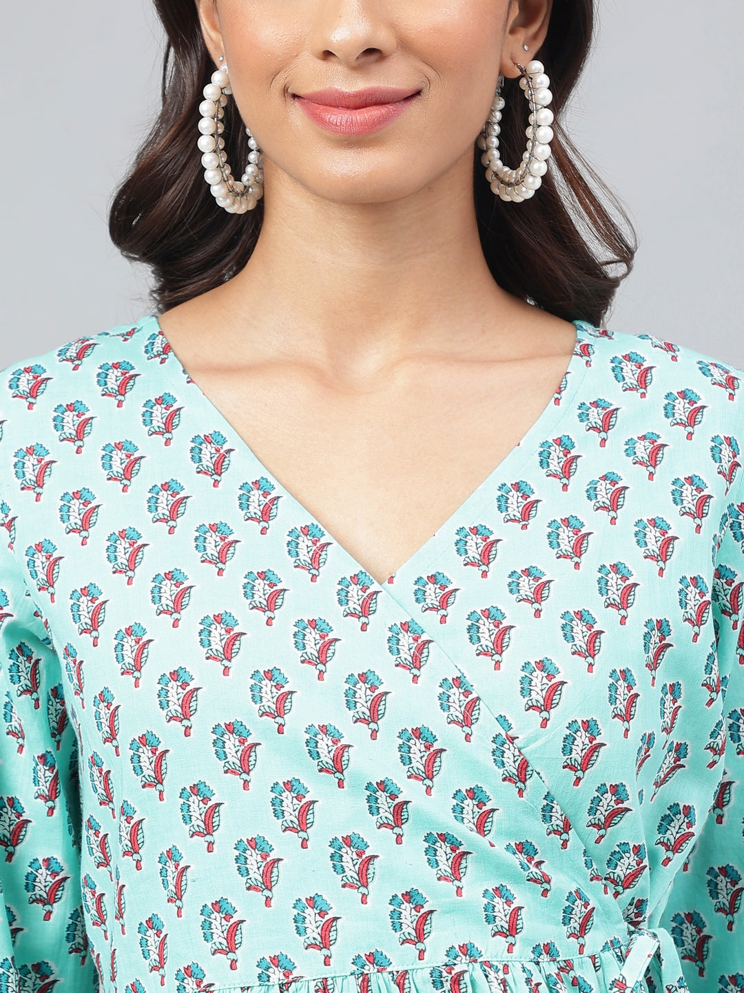 Janasya Women's Aqua Green Cotton Floral Ethinc Motif Printed Flared Casual Short Kurta Set