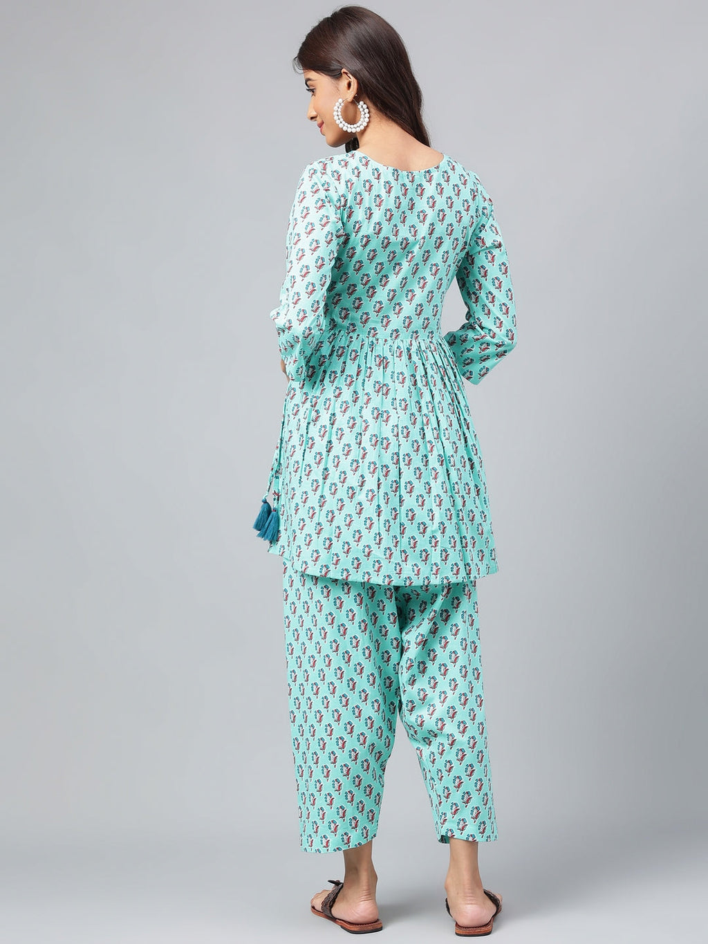 Janasya Women's Aqua Green Cotton Floral Ethinc Motif Printed Flared Casual Short Kurta Set