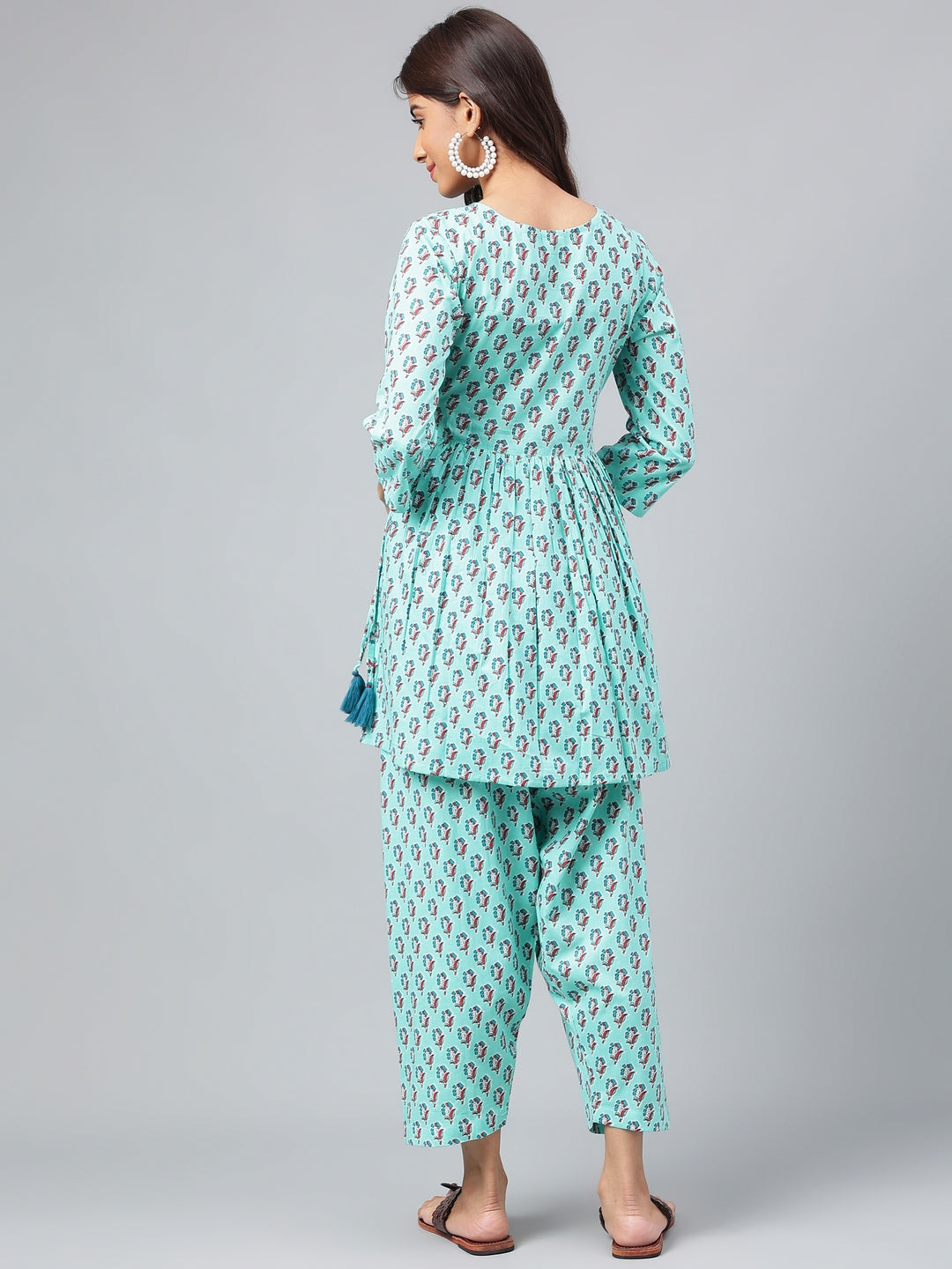 Janasya Women's Aqua Green Cotton Floral Ethinc Motif Printed Flared Casual Short Kurta Set