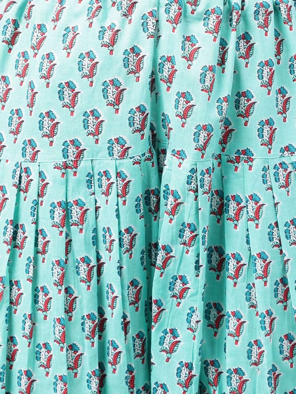 Janasya Women's Aqua Green Cotton Floral Ethinc Motif Printed Flared Casual Short Kurta Set