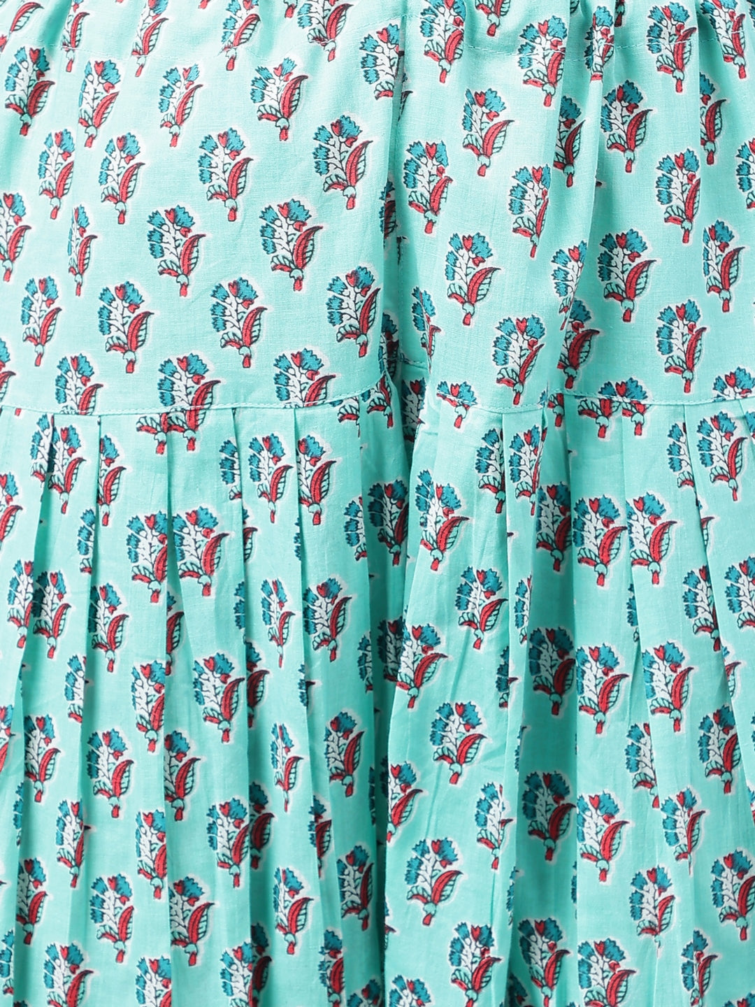 Janasya Women's Aqua Green Cotton Floral Ethinc Motif Printed Flared Casual Short Kurta Set