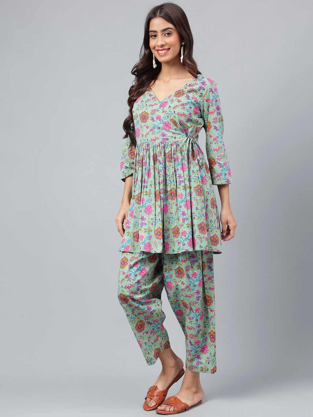 Janasya Women's Sage Green Cotton Floral Printed Flared Casual Short Kurta Set
