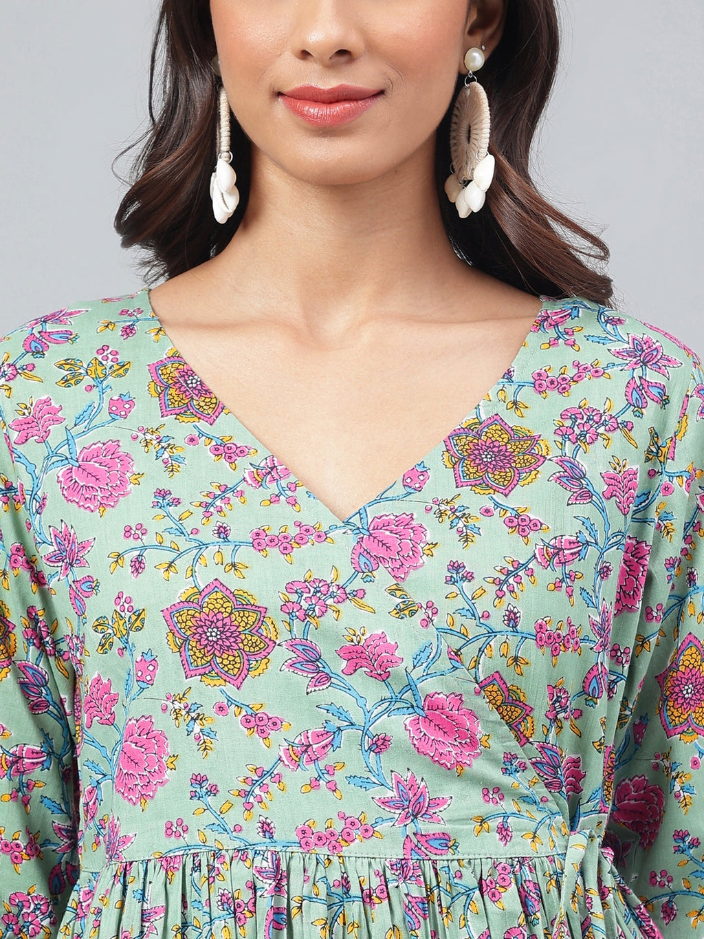Janasya Women's Sage Green Cotton Floral Printed Flared Casual Short Kurta Set
