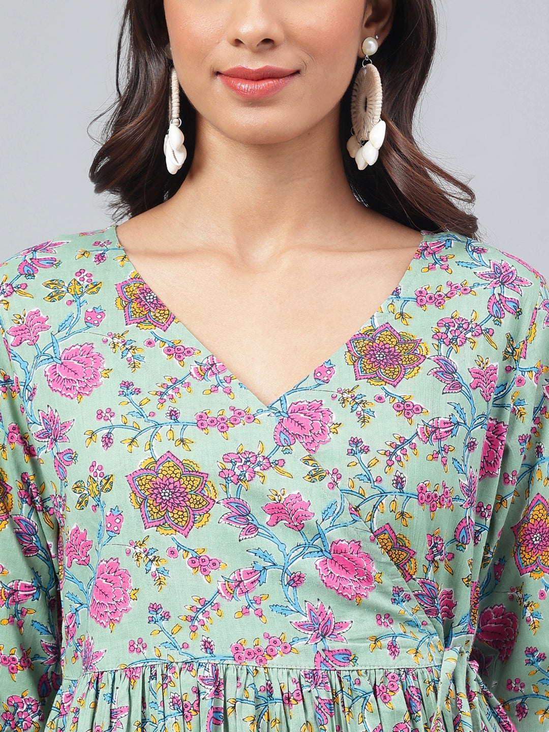 Janasya Women's Sage Green Cotton Floral Printed Flared Casual Short Kurta Set