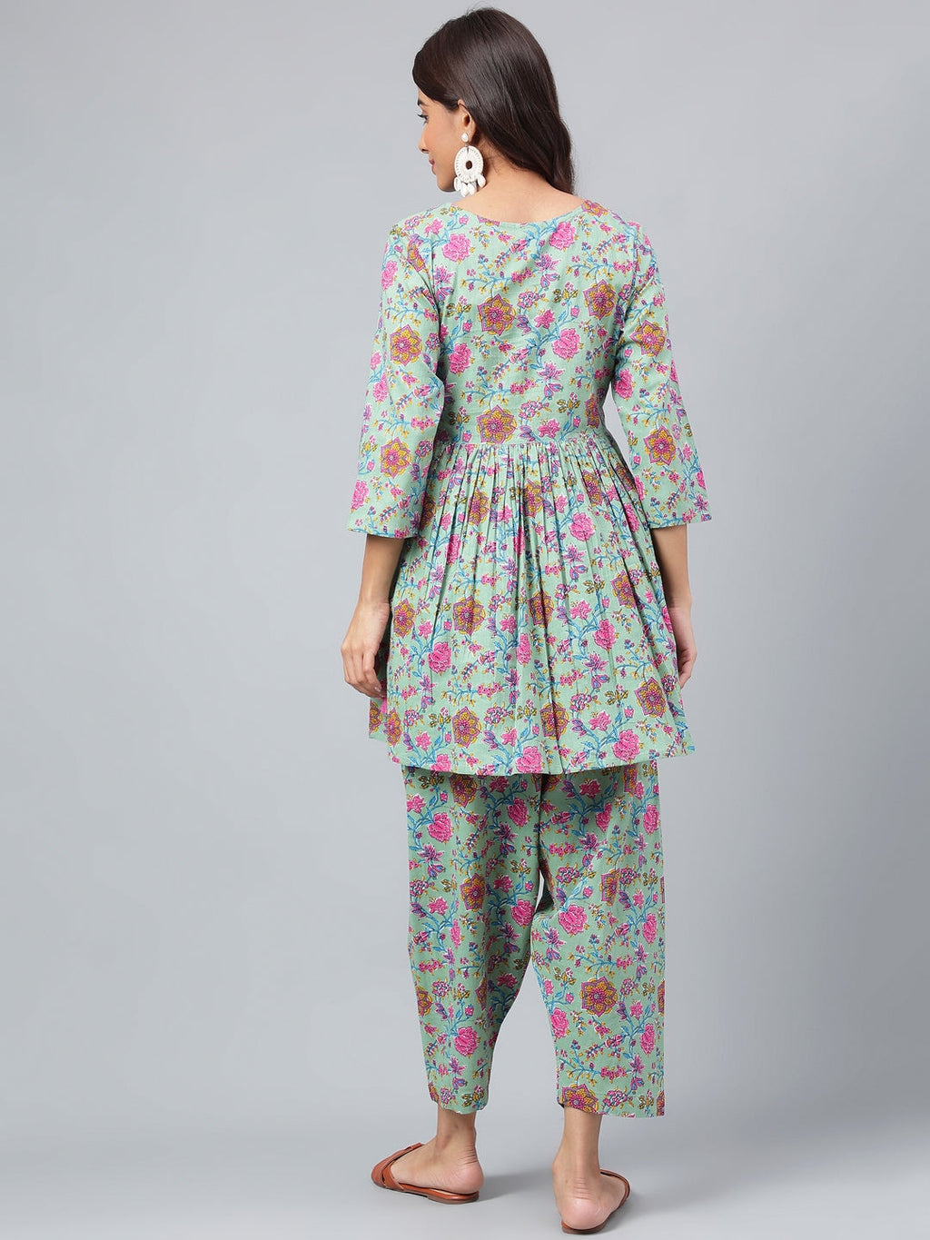 Janasya Women's Sage Green Cotton Floral Printed Flared Casual Short Kurta Set