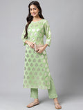 Indian Clothing Janasya Women's Light Green Georgette Foil Printed Straight Festive Kurta Set