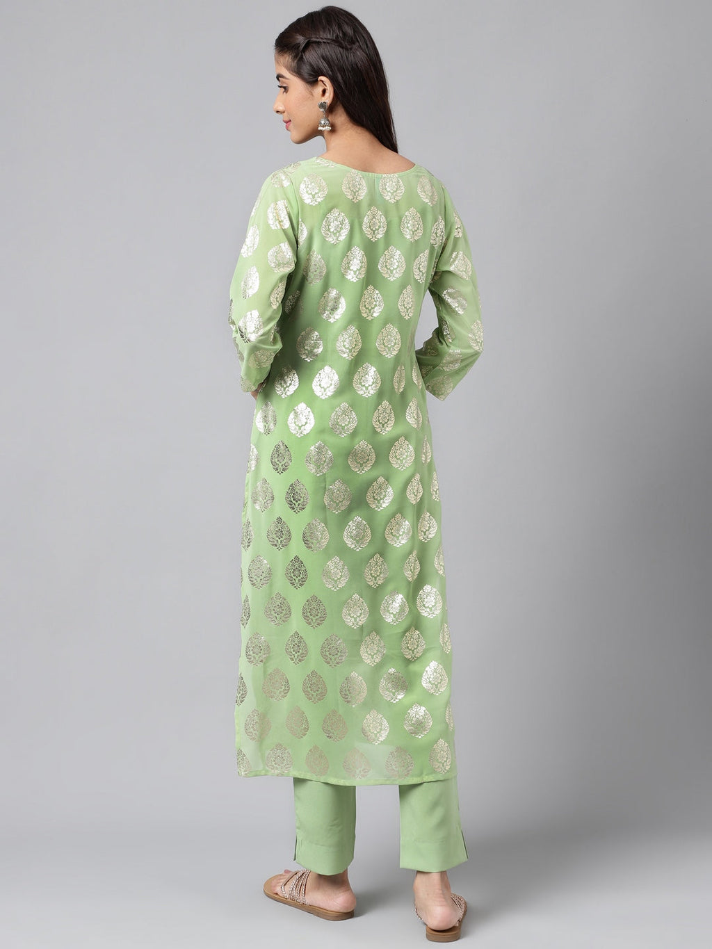 Indian Clothing Janasya Women's Light Green Georgette Foil Printed Straight Festive Kurta Set