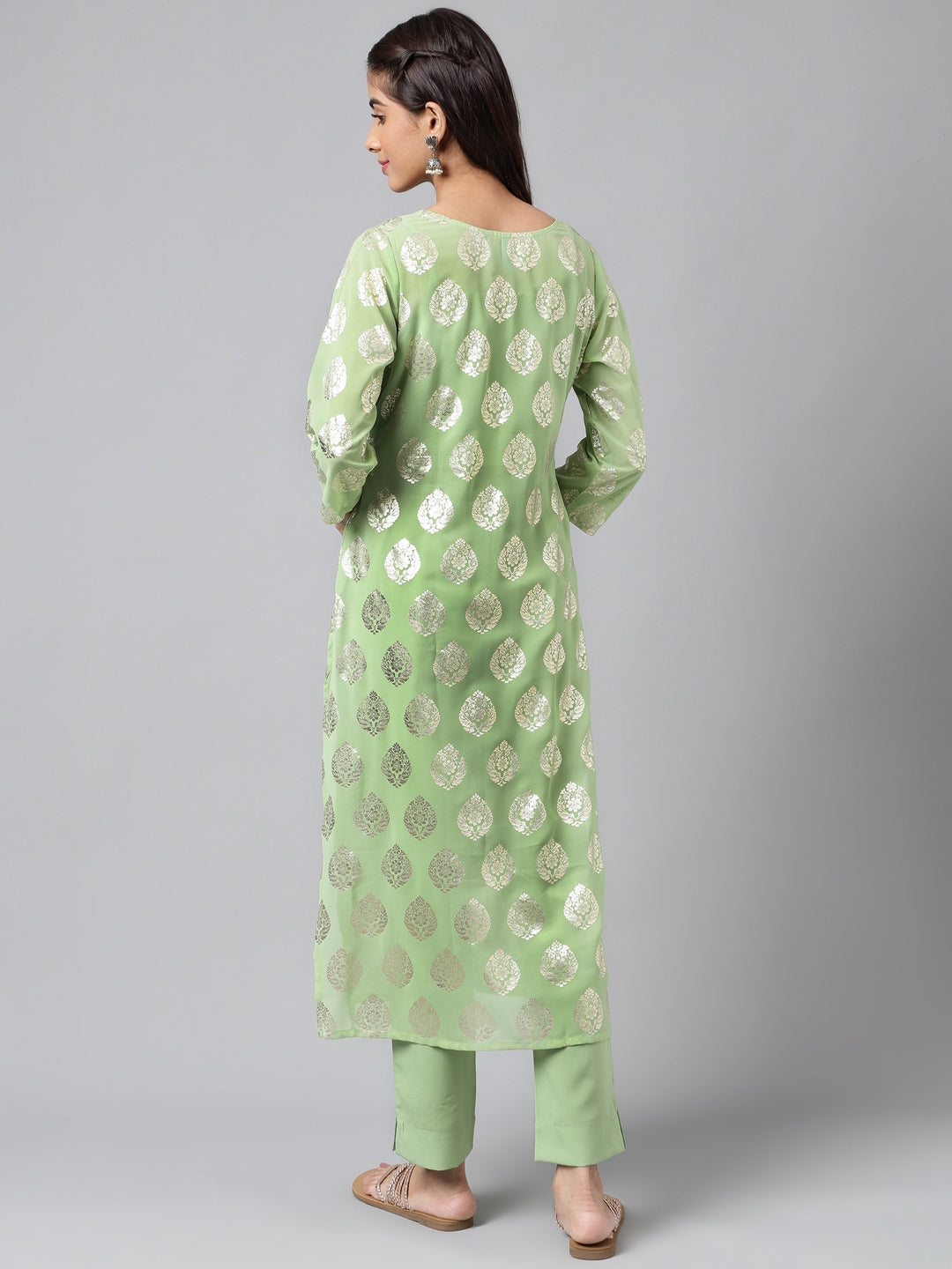 Indian Clothing Janasya Women's Light Green Georgette Foil Printed Straight Festive Kurta Set