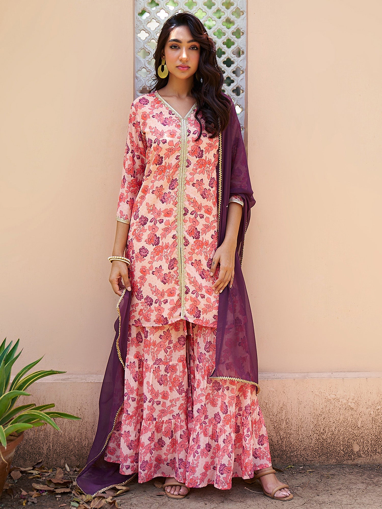 Janasya Peach Georgette Digital Floral Printed Set