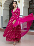 Janasya Women's Pink Brocade Woven Design Festive Angrakha Kurta Set