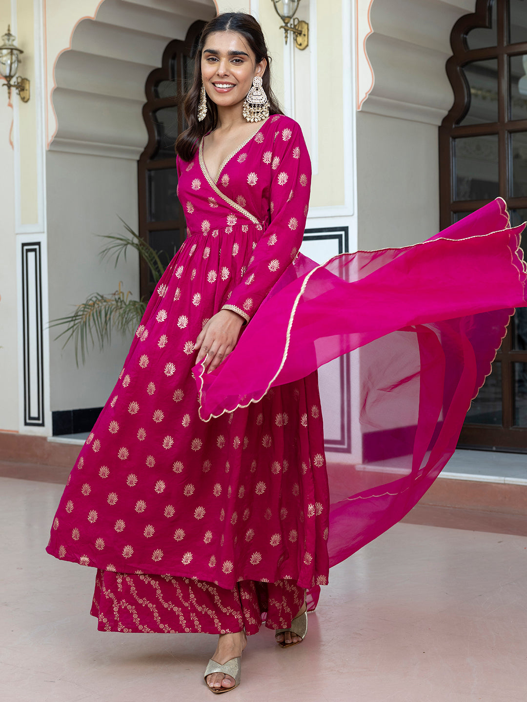 Janasya Women's Pink Brocade Woven Design Festive Angrakha Kurta Set